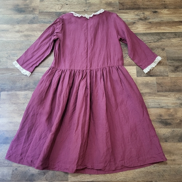 Len.Ok 100% Linen Purple 3/4 Sleeve Collared Lace Detail Knee Length Dress - Picture 7 of 8